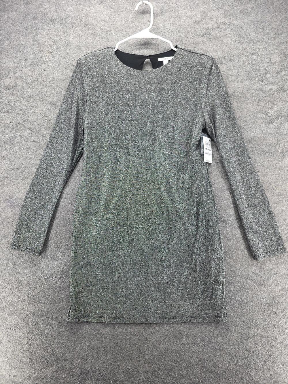 Bar III Dress Womens M Silver Bodycon Knee Length Knit Lined Long Sleeve